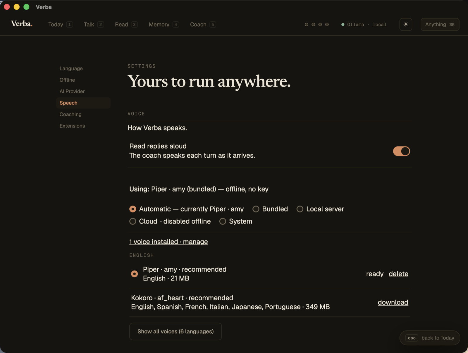 Settings → Speech, showing the bundled voice and dictation models.