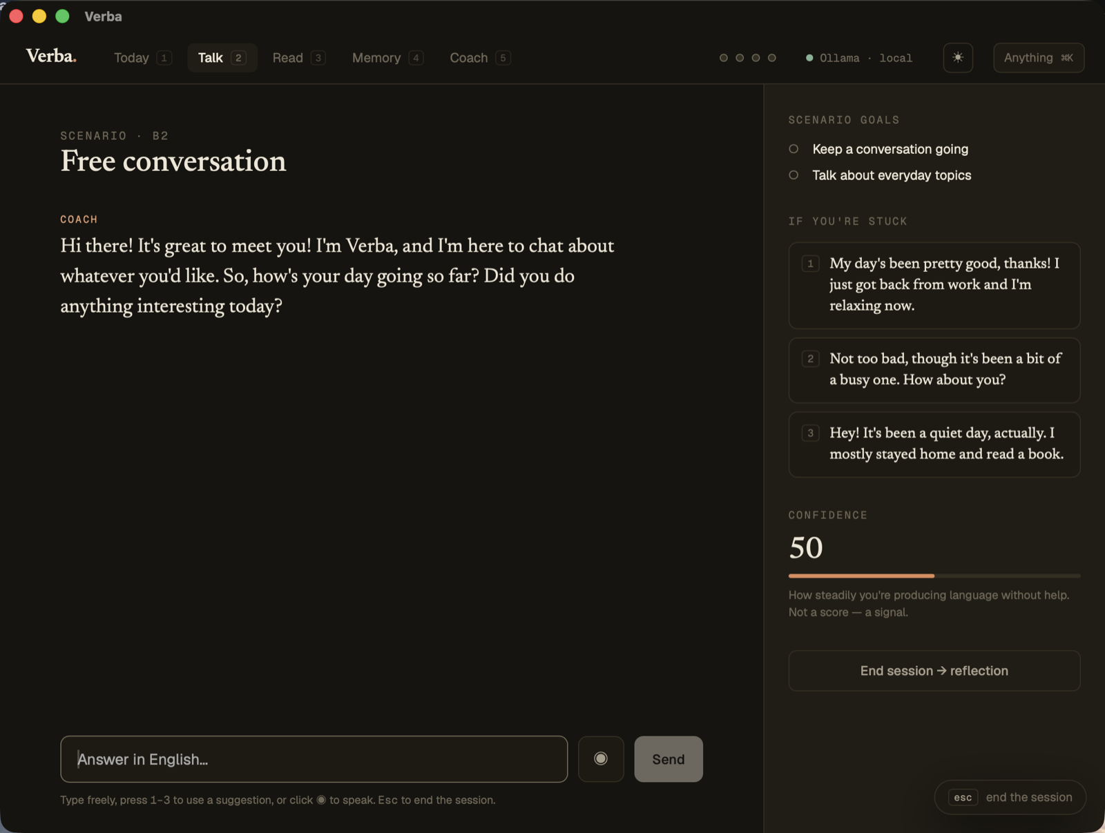 A conversation with the coach, with an inline correction and captured vocabulary.